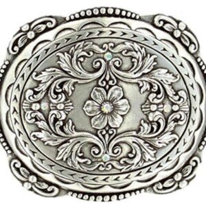 Nocona Women's Oval Floral Rhinestones Belt Buckle, Silver