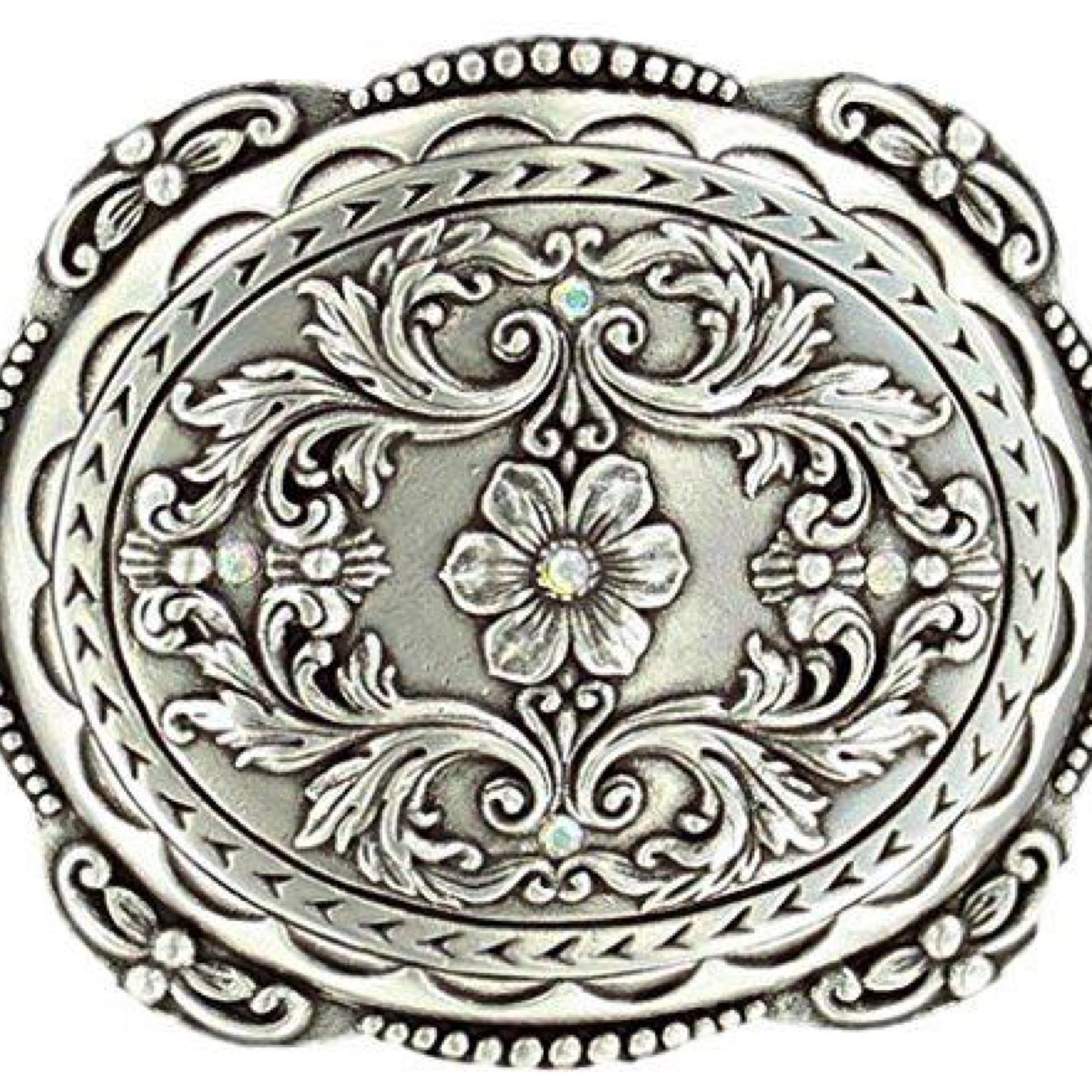 Nocona Women's Oval Floral Rhinestones Belt Buckle, Silver