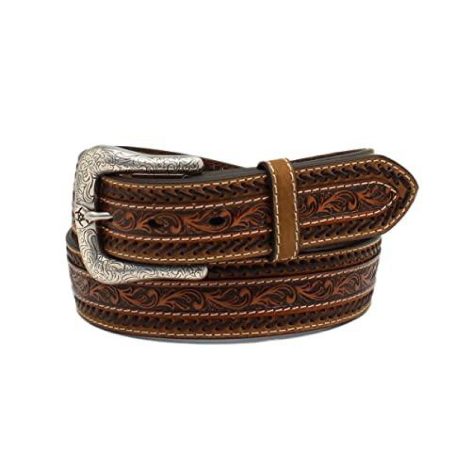 Ariat 1 1/2" Buck Stitching Floral Tooled Tan Belt