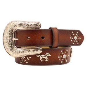 Ariat Girls Horse & Horseshoe Conchos Belt with Flower Cutouts – Brown