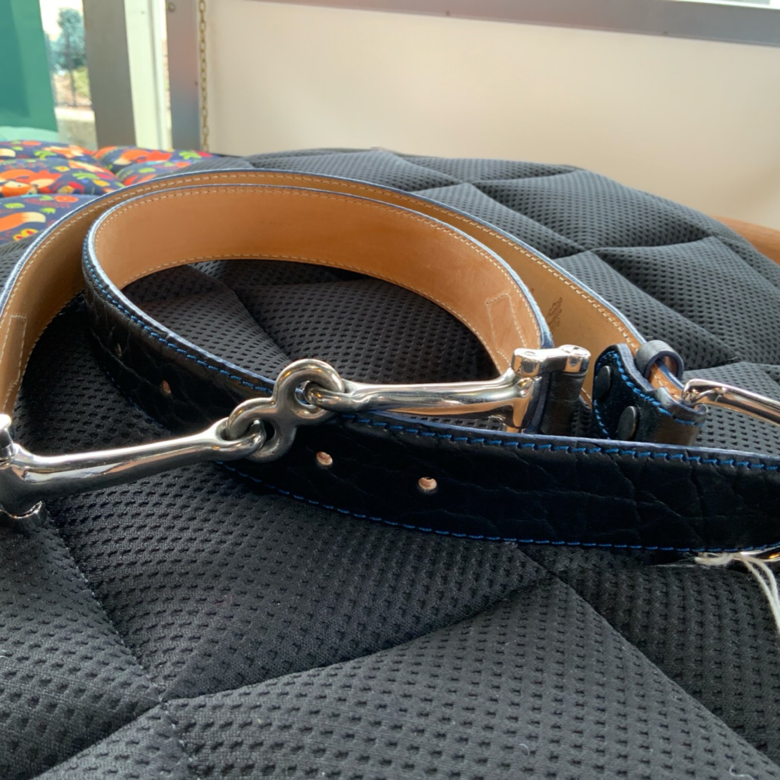 Men’s Black Leather Bit Belt w/Blue Stitching