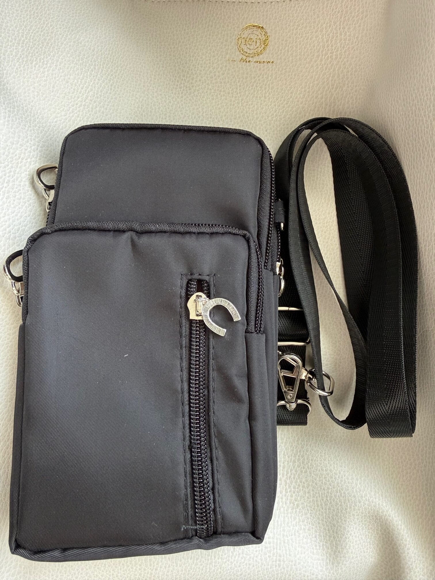 Small Purse with Phone Holder, Horseshoe Zip, Black