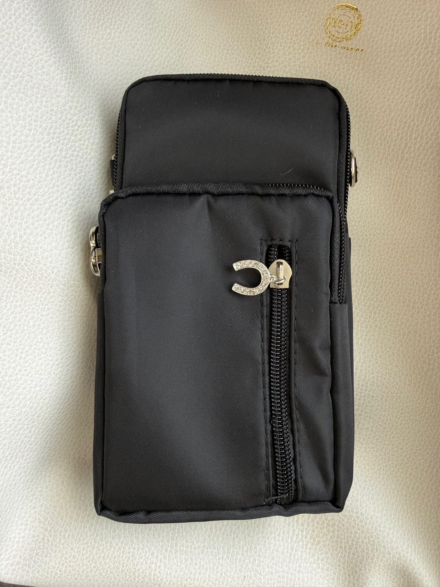 Small Purse with Phone Holder, Horseshoe Zip, Black - Image 2
